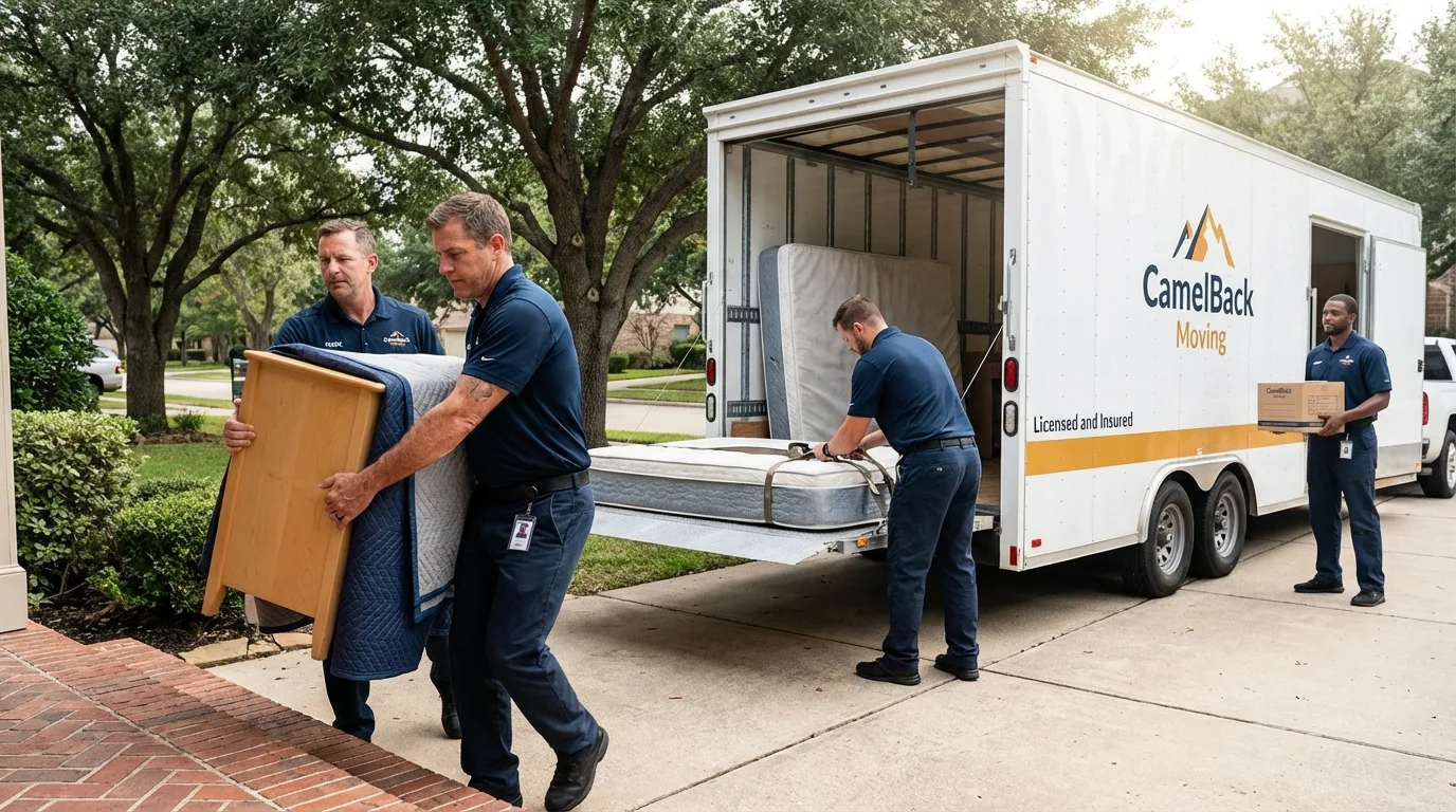 Crew loading residential truck for cross-state move from Gilmer, TX