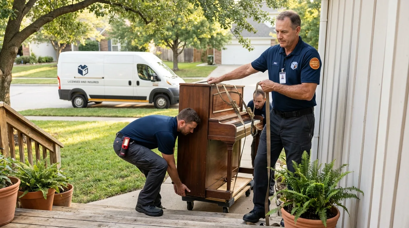 Licensed piano movers securing grand piano in Gilmer, TX