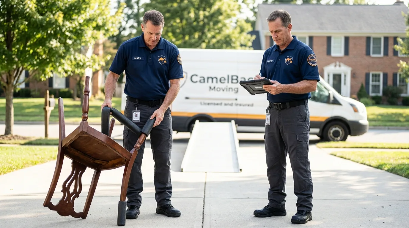Movers inspecting furniture for damage prevention before loading in Gilmer, TX