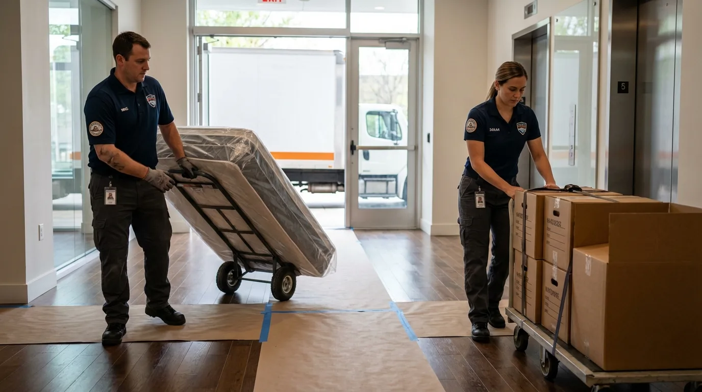 Professional apartment movers loading elevator in Gilmer, TX